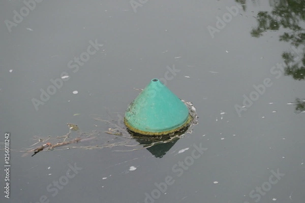 Fototapeta A slightly weathered green buoy floating in a flowing water stream.