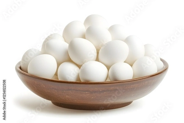 Fototapeta Assortment of Fresh White Eggs in a Rustic Wooden Bowl on a Plain Background
