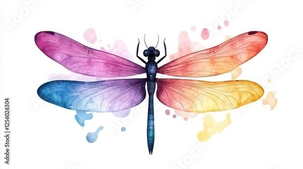 Fototapeta Rainbow Dragonfly Watercolor: A vibrant, colorful dragonfly painted in watercolor with intricate detail and a splash of abstract color. The vibrant wings capture the beauty of nature.