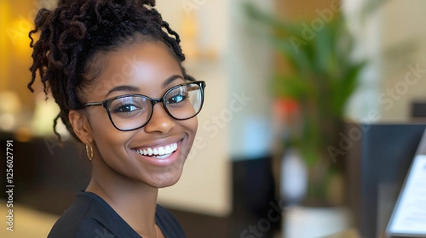 Fototapeta Confident and Smiling African American Female Professional Working on Laptop in Bright and Modern Office Setting