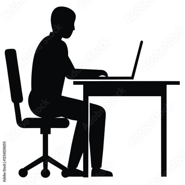 Fototapeta person working at a desk in an office, sitting on a chair with hands on a laptop or computer