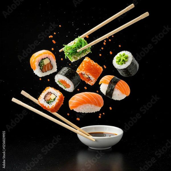 Fototapeta Pieces of sushi with splashes of soy sauce, isolated on black background