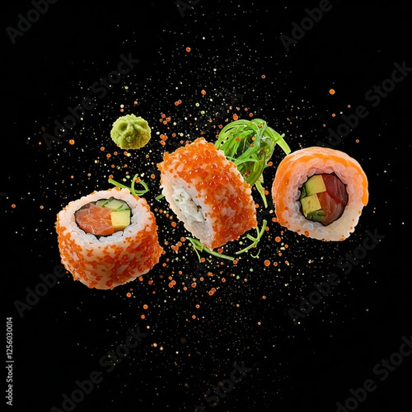 Fototapeta Pieces of sushi with splashes of soy sauce, isolated on black background