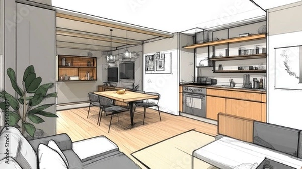 Fototapeta Stylish apartment layout with a small dining table, a comfortable sofa, and strategically placed shelving to maximize space