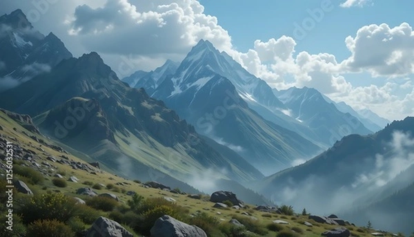 Fototapeta Majestic Mountain Range with Mist and Clouds, Breathtaking Landscape Photography, High-Resolution Digital Art, Serene Nature Scenery