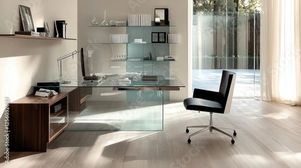 Obraz Stylish home office with a glass desk, ergonomic chair, and modern shelving units to keep the space organized