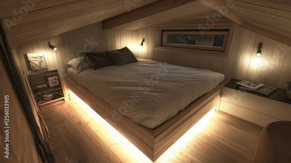 Fototapeta Tiny home bedroom loft with a low-profile mattress, under-bed storage, and soft lighting for a cozy yet space-saving design