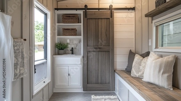 Fototapeta Tiny home design featuring a compact bathroom, sliding barn door, and a built-in bench with hidden storage