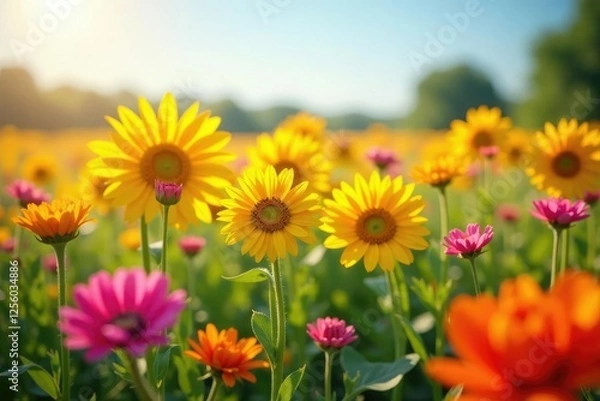 Fototapeta A colorful explosion of flowers in a sun-drenched meadow, flowers, sunflower field, colorful flowers