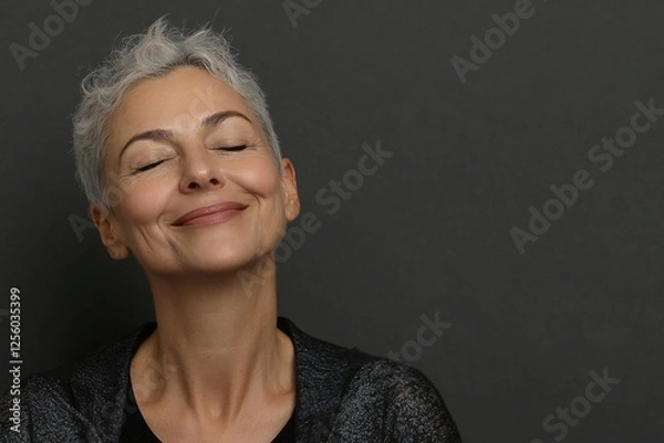 Obraz Smile, eyes closed and skincare of mature woman in studio for glow, results or beauty on gray background. Face, happy and model in natural cosmetics for dermatology, anti aging and aesthetic at spa
