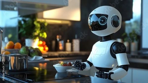 Obraz A robot is standing in a modern kitchen next to a bowl of fruit on a counter. The robot has a sleek design with a screen on its chest and is positioned near a window with sunlight streaming in.