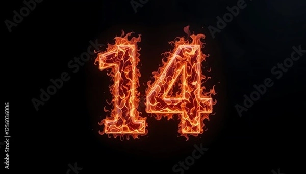Fototapeta Fiery Number Fourteen: A High-Resolution Image of the Number 14 Engulfed in Realistic Flames on a Black Background