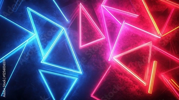 Obraz Vibrant neon triangles in blue and pink on grunge background