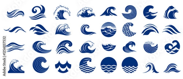 Fototapeta Wave logotypes. Water splashes logo, flowing liquid motion curves stripes swirls silhouettes set vector illustration