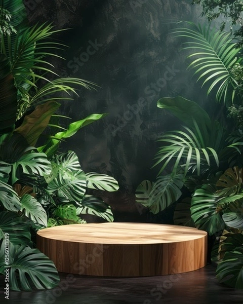 Fototapeta Round wooden pedestal podium surrounded by lush tropical plants, set against a dark textured background with soft lighting. Perfect for product display or branding