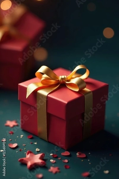 Fototapeta Elegant gift box with a golden ribbon tied in a knot on a dimly lit background, tie, ambiance