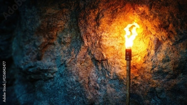 Fototapeta Illuminated Cave: A Torch's Fiery Glow Against Ancient Stone