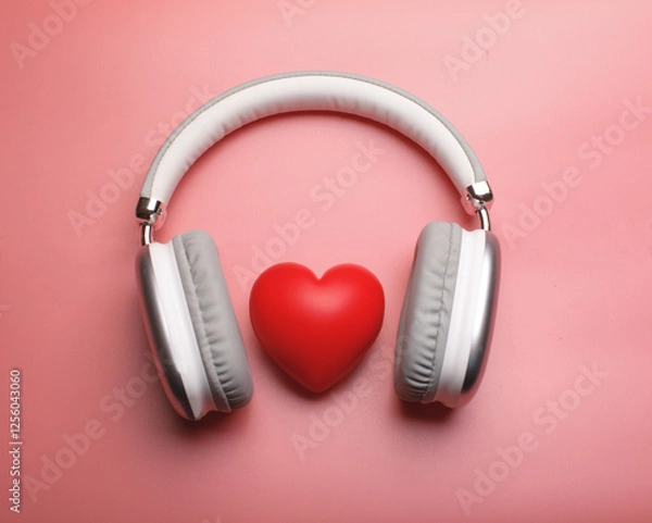 Fototapeta headphones embrace a red heart on a soft pink background, symbolizing love for music and emotions. A perfect concept for audio passion, romance, and sound therapy themes.