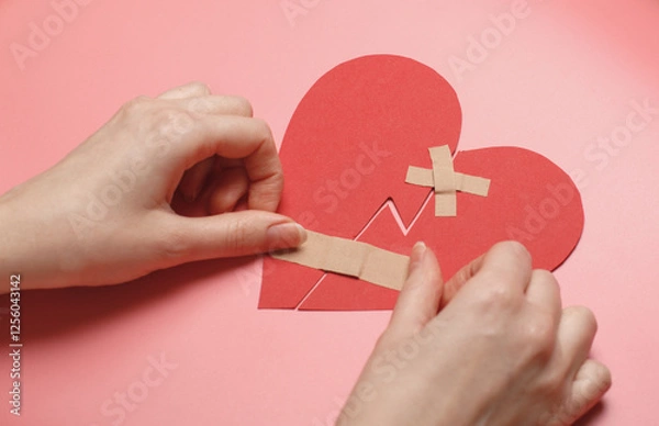 Fototapeta Hands carefully applying band-aids to broken red paper heart on pink background, symbolizing healing, love recovery, emotional repair. Touching concept for heartbreak, forgiveness, relationships