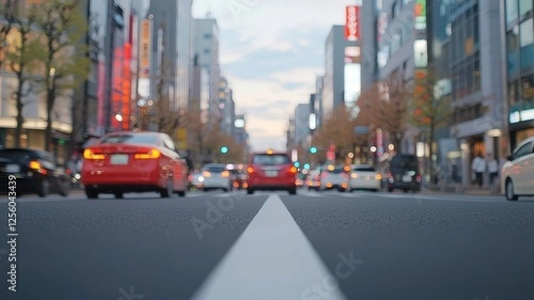 Fototapeta A bustling city street scene featuring cars, colorful signage, and a vibrant urban atmosphere during twilight.