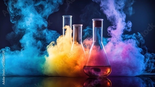 Fototapeta Colorful Chemistry Experiment: Erlenmeyer Flasks and Beakers Filled with Vibrant Liquids Emitting Colorful Smoke in a Dark Background