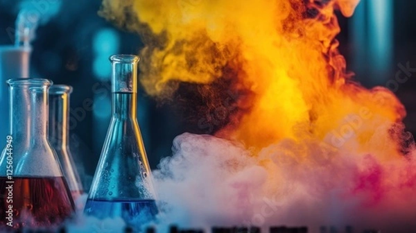 Fototapeta Colorful Chemical Reaction in Laboratory: Erlenmeyer Flasks with Vibrant Liquids and Smoky Atmosphere