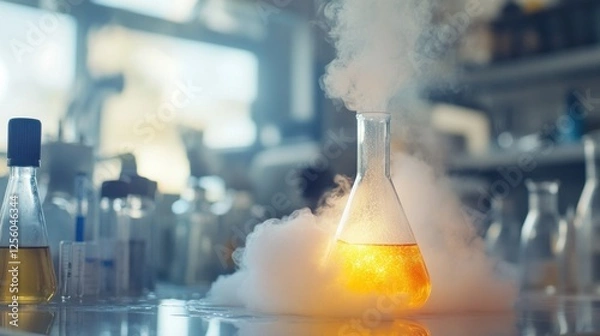 Fototapeta Chemical Reaction in a Laboratory: Erlenmeyer Flask with Glowing Liquid and Dry Ice