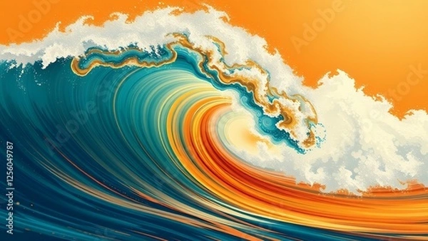 Obraz An image of a vibrant, flowing wave in shades of orange, teal, and white, with a grainy, psychedelic texture.