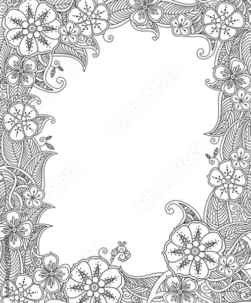 Fototapeta Floral hand drawn vertical frame in zentangle inspired style.