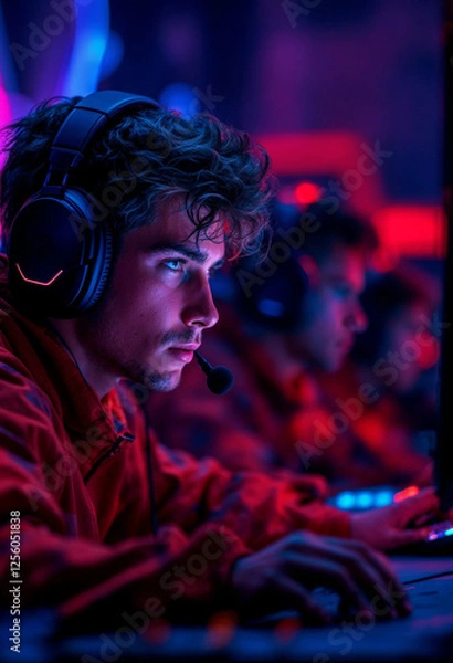 Fototapeta Focused e-sports player in a high-stakes tournament, illuminated by vibrant LED lighting.