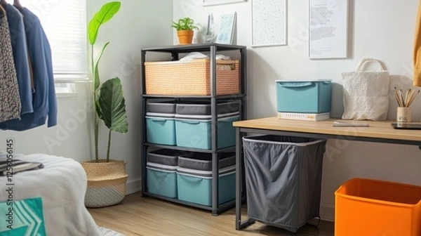 Fototapeta Space-saving dorm room with stacked storage bins, a corner desk, and a collapsible laundry hamper for an organized, compact space