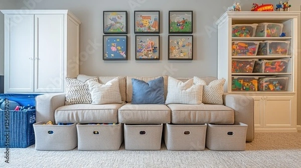 Fototapeta Spacious family room with a comfortable sofa, neatly organized toy bins, and storage cabinets for an organized, kid-friendly space