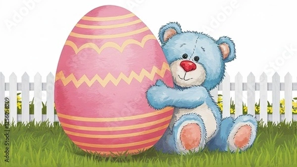Obraz Teddy bear hugging easter egg