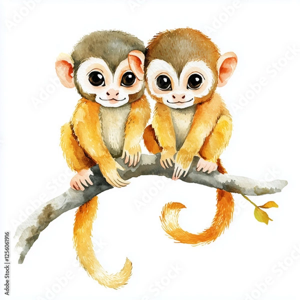Fototapeta Illustration of Common Squirrel Monkey sitting on the branch, soft watercolor tones, white background, detailed illustration, cartoonish.