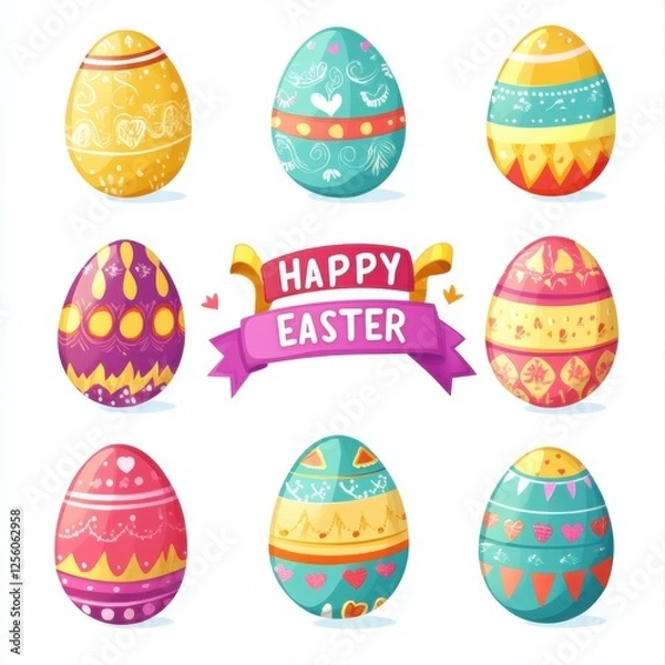 Fototapeta Vector illustration of colorful Easter eggs with decorative patterns and ribbons, set on white background with text "HAPPY EASTER". Cartoon flat style.