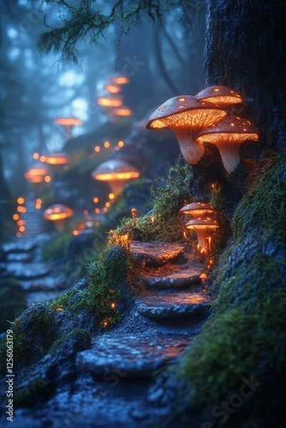 Fototapeta Mysterious glowing mushrooms illuminate a forest path at night