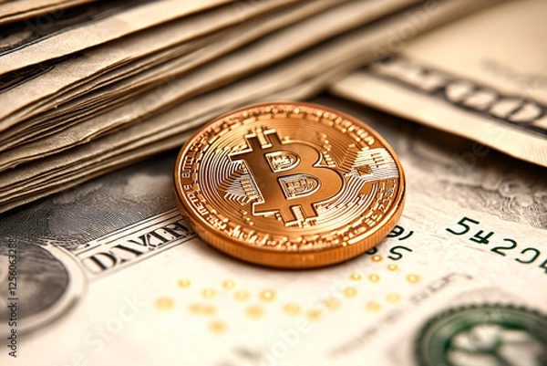 Obraz Bitcoin Cryptocurrency on US Dollar Bills Closeup