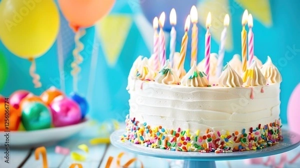 Fototapeta Joyful Celebration Strawberry Cake with Whipped Cream & Berries - Rustic Charm Birthday Dessert for Festive Gatherings