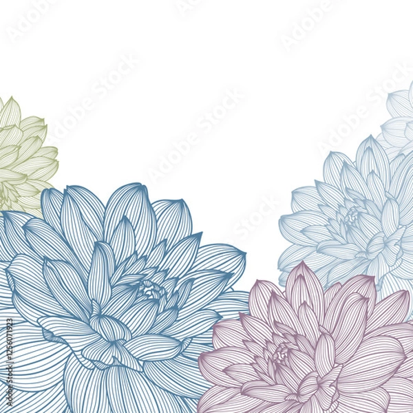 Fototapeta Hand drawn pattern with dahlia flower. Vector frame for design of cards, wedding invitations, ceremonies, congratulations.