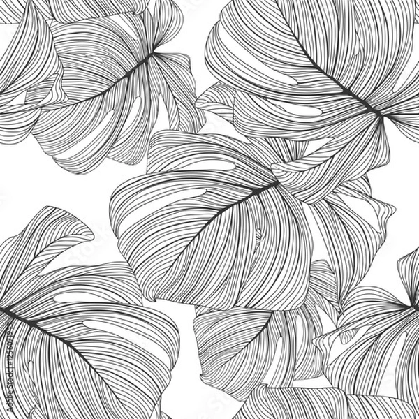 Fototapeta Seamless floral background with monstera leaves. Romantic pattern template for wall decor.