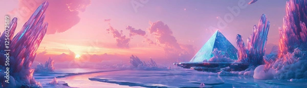 Fototapeta Blue and pink sunset over a landscape with crystal pyramids and floating platforms