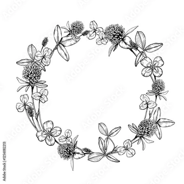 Fototapeta Wild flowering plant clover wreath with blooms and leaves. Hand drawn vector illustration. Sketch painted by black inks. Black line on white isolated background. For card logo package invitation