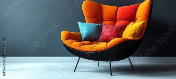 Obraz armchair with colorful patchwork pillows on blank background, showing off the modern design of the chair and bright colors.