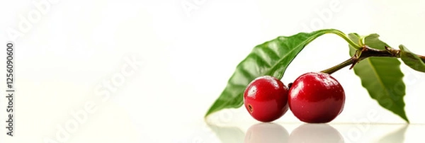 Fototapeta Vibrant coffee cherry with leaves on branch against a bright backdrop for banner use