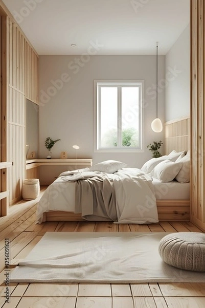 Fototapeta A modern bedroom in earthy tones blends simplicity and warmth for the perfect relaxation.