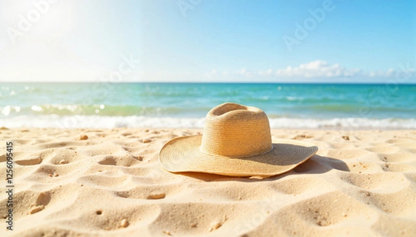 Fototapeta Beach hat resting on sand by the ocean at high noon, summer vibes