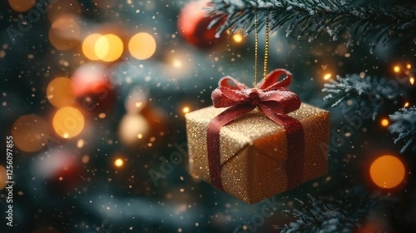 Fototapeta "Red Bokeh Blur Background Featuring Christmas Tree and Gift Box: A New Year Concept."