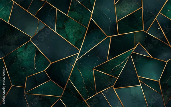 Fototapeta Emerald green digital art wallpaper featuring geometric shapes and golden lines, creating modern and elegant design. Perfect for backgrounds and decorative purposes