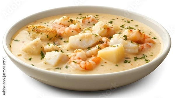 Fototapeta Creamy Seafood Chowder: A hearty bowl of creamy seafood chowder brimming with succulent shrimp, chunks of fish, and tender potatoes, garnished with fresh parsley.  The rich.