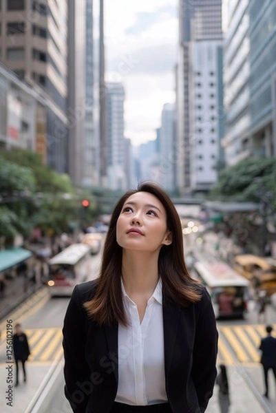 Fototapeta A mid-30s East Asian business woman with a gentle expression standing on a busy high-rise street staring into the sky.